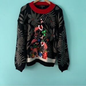 33 Degrees Santa Flamingo Tropical Christmas Ugly Sweater M Vintage Fuzzy Pink